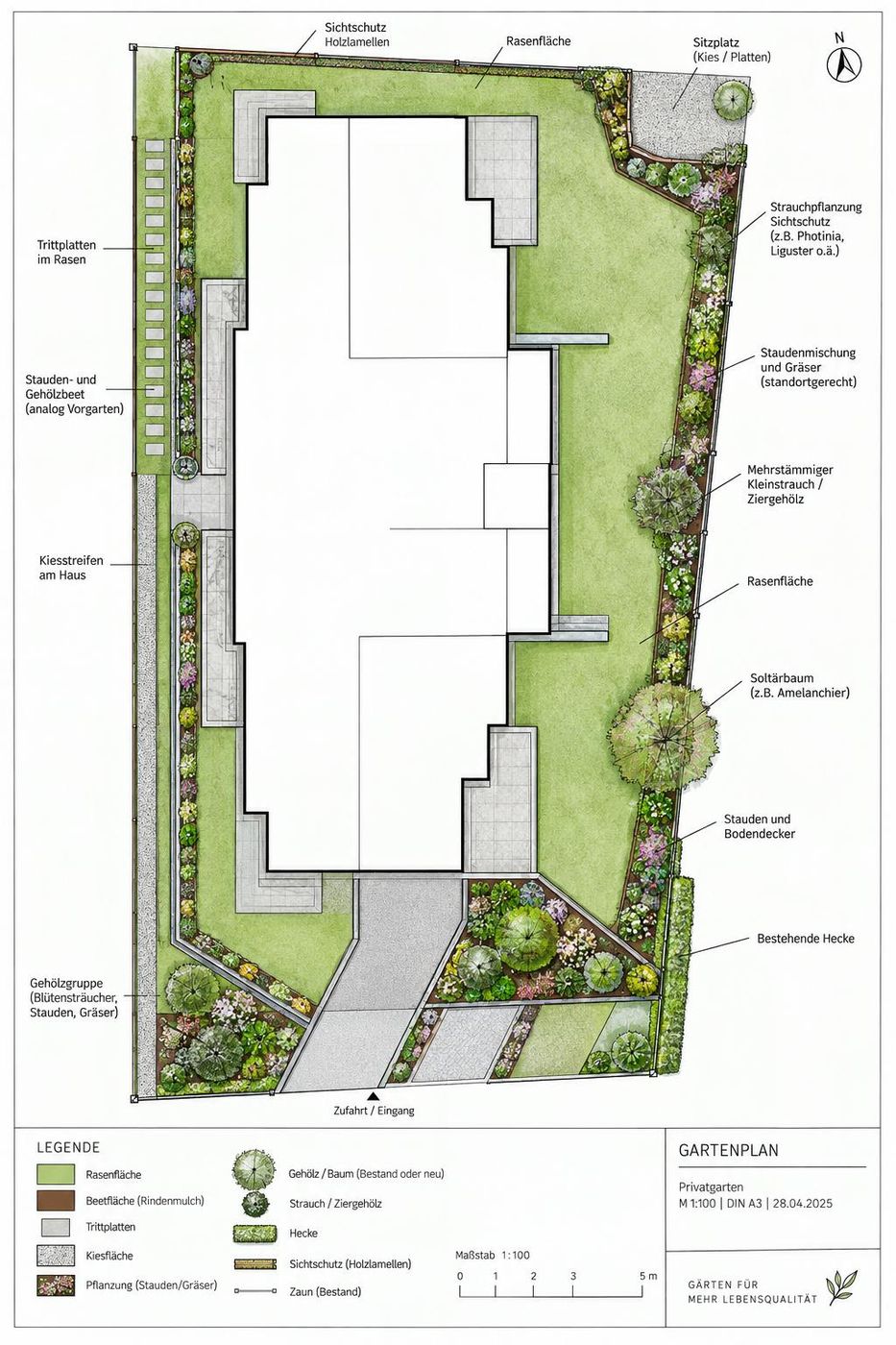Gartenplan eines Privatgartens im Maßstab 1:100